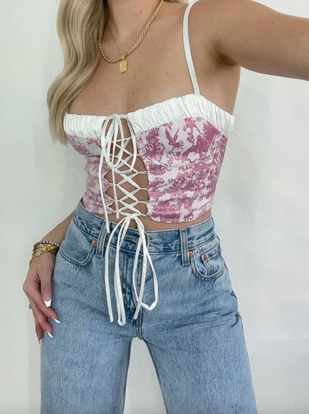 TIC TOC Pink Floral Corset Top Small Lace Up Front Bustier Camisole Festival